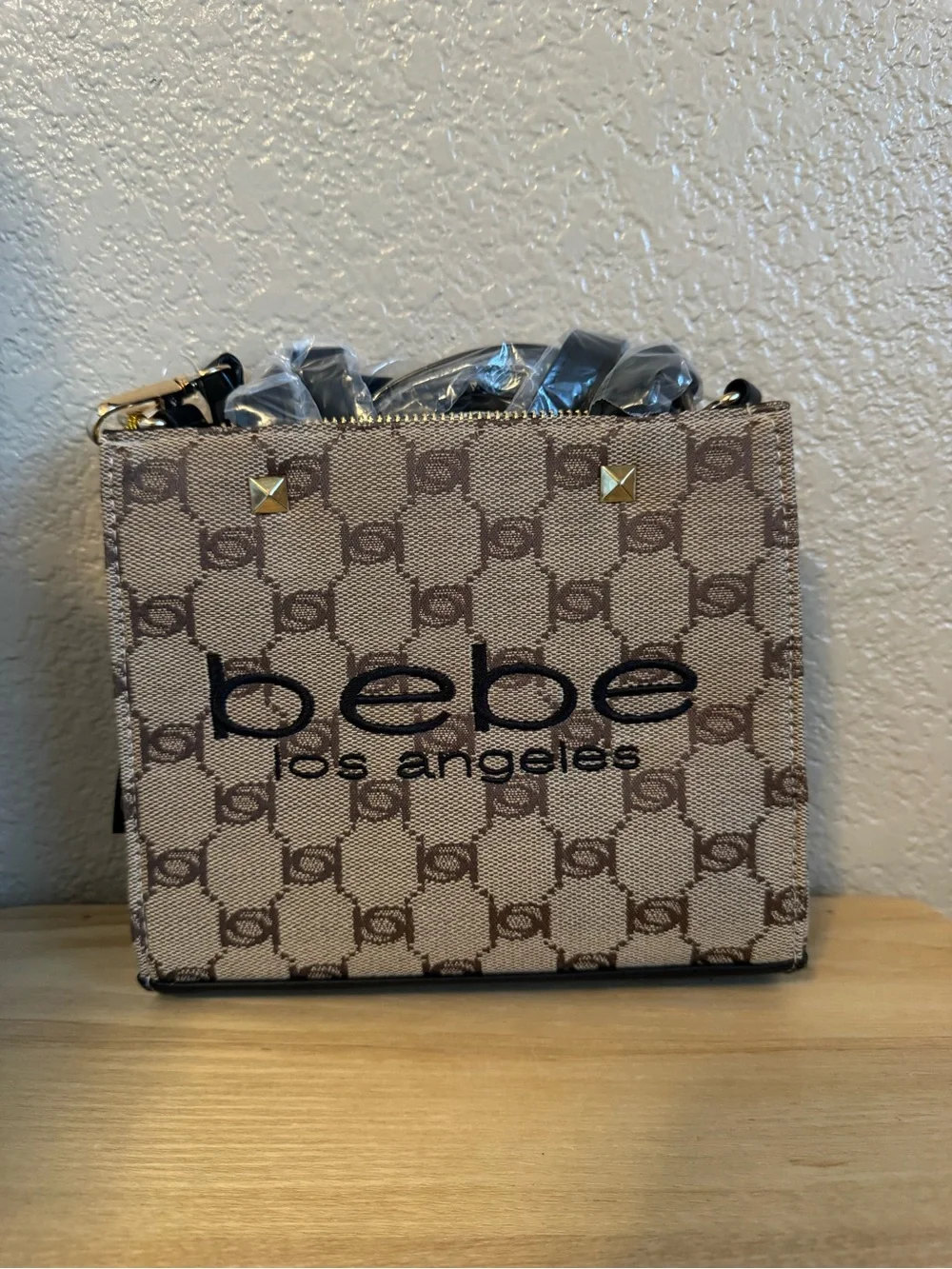 Bebe Monogram Brown and Black Talulla Satchel Tote with Crossbody Strap